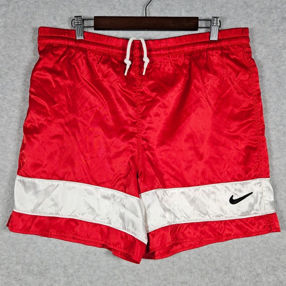 Vintage Nike (Men's Medium) Red White Satin Shorts Soccer Y2K Nylon Shiny Dazzle